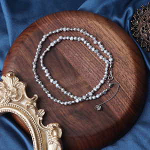 3-4mm grigio naturale due lati luce d'acqua dolce irregolare <span class=keywords><strong>collana</strong></span> di <span class=keywords><strong>perle</strong></span> <span class=keywords><strong>barocche</strong></span> vera perla gioielli catena clavicola - Product Image 2