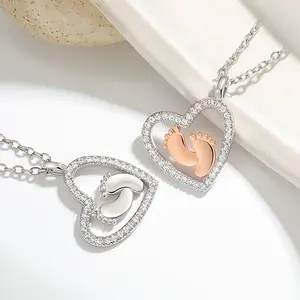 Love Footprints Baby Love Footprints Color Separation Heart Zircon Necklace Gifts for Women to My Dauther