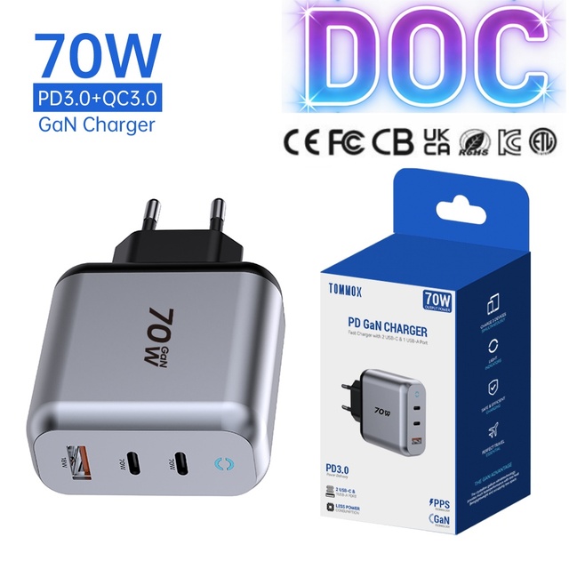 Tommox Mobile Gan PD Charger 70w Adpter for MacBook Air Tablet Iphone USB C Laptop Fast Charger Type c Phone Chargers Wholesale