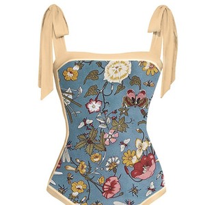 Ensemble 2 pièces vintage floral jaune avec cordon <span class=keywords><strong>de</strong></span> serrage, <span class=keywords><strong>maillot</strong></span> <span class=keywords><strong>de</strong></span> <span class=keywords><strong>bain</strong></span> bikini à lacets et jupe <span class=keywords><strong>de</strong></span> plage – Vente en gros - Product Image 2