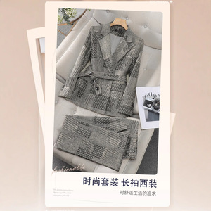 Women's Suit Set Herringbone Pattern Grey Polyester Anti-Wrinkle Casual Blazer With Belt And Trousers For Office Wear - Product Image 4