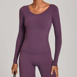 Haut de <span class=keywords><strong>yoga</strong></span> à manches longues et col en V pour femmes T-<span class=keywords><strong>shirt</strong></span> athlétique hauts d'entraînement chemise de gymnastique active vêtements de sport coupe ajustée - Product Image 5