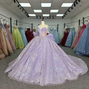 Robe de bal vintage Quinceañera Dy6962 en mousseline de soie, col cœur, épaules dénudées, traîne Watteau, taille naturelle - Product Image 5