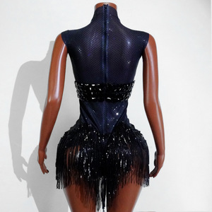 Body Nero Techno Noir con Frange in Spandex/Poliestere per Donna, Ideale per Performance sul Palco, Cantanti e Showgirl - Product Image 4