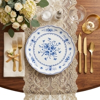 Assiettes de Dîner en Céramique Bleu Rose Vintage Français en Gros, Assiettes de Présentation à Bord Festonné en Porcelaine pour Mariages et Événements