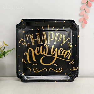DAMAI Happy New Year Party Supplies Black Square Plate with Golden Happy New Year <b>Disposable</b> <b>Tableware</b> Set Paper Cups Napkins - Product Image 2