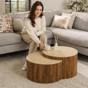 Ensemble de tables basses gigognes Japandi modernes à base cannelée avec plateau aspect travertin, élégantes et minimalistes en MDF pour salon - Product Image 6