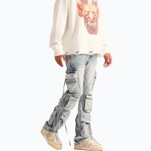 Custom Baggy Mens Cargos Work Multi-Pockets <b>Flare</b> Denim Jeans <b>Sequin</b> Cargo Pants Manufacturer for Men - Product Image 3