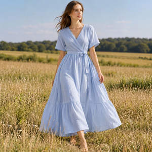 Elegante Vestido Maxi Casual de Algodón y Lino, Cuello en V, Manga Corta, Cintura Ajustable con Lazo, Estilo Fluido y Escalonado, para Playa o Resort, Talla 6XL - Product Image 1