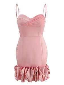 Robe trapèze élégante et décontractée pour femme, col licou, bretelles spaghetti, détail volant classique, couleur unie, longueur genou, taille haute, <span class=keywords><strong>Ted</strong></span> Jourey's Front - Product Image 1