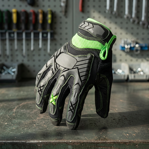 Gants anti-choc noirs et verts en PU avec texture micro-diamantée en relief, poignet élastique, protection anti-impact - Product Image 4