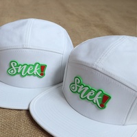 Casquettes de camping décontractées unisexes en polyester à 5 panneaux avec logo personnalisé en caoutchouc et visière plate blanche – Design populaire