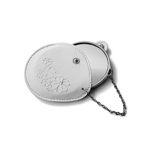 Custom Logo <b>Small</b> Round Silver Portable Single <b>Sided</b> Metal Makeup Mirror with PU Pouch - Product Image 5