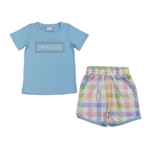 Conjunto de 2 Piezas RTS Boutique I LOVE MOM para Bebé Niño, Camiseta y Pantalones Cortos de Algodón y Spandex con Estampado, Estilo Casual para Primavera/Otoño, Tela de Lana Peinada - Product Image 1