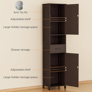 Meuble de rangement de salle de bain moderne et haut avec portes coulissantes, armoire à linge autoportante avec tiroirs et compartiments ouverts, écologique pour petits espaces - Product Image 3