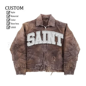 Veste en jean en coton tie-dye personnalisée pour hommes avec col à revers boutonnée à manches longues lavable - Product Image 1