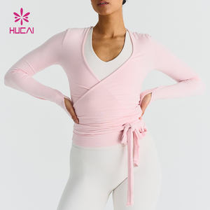 HUCAI مخصص دنة مطاطي مشروط مثير عميق الخامس الرقبة طويلة الأكمام النساء لينة صالة الألعاب الرياضية تي شيرت اليوغا الباليه التفاف الأعلى - Product Image 1