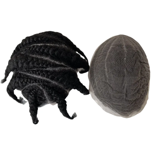 Jet Black Afro Cornrow trenzado Topper indio Remy caja corta sin nudos trenzas peluca <span class=keywords><strong>para</strong></span> hombres piezas de cabello tupé encaje suizo completo - Product Image 6