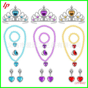 Lp Kids Princess Jewelry Set Crown Necklace <b>Bracelet</b> Ring Earring Heart Shape Zinc Alloy Party Costume Accessory Blue Purple - Product Image 1