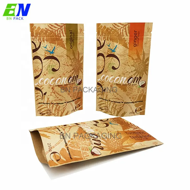 Block bottom biodegradable brown Kraft paper pouch Kraft paper flat based bag