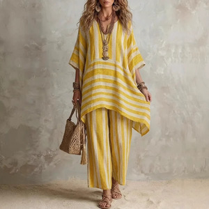 Ensemble deux pièces décontracté chic à rayures, col en V, coupe ample, en polyester, style européen et américain, pour femme, collection printemps - Product Image 2