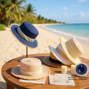 Chapeau de paille Angelina Boater réglable unisexe pour l'été, style décontracté, bleu avec bordure en ruban blanc - Product Image 5