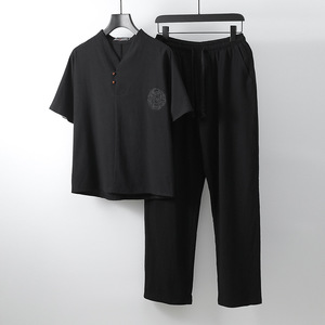 Vêtement <span class=keywords><strong>Homme</strong></span> <span class=keywords><strong>Grande</strong></span> <span class=keywords><strong>Taille</strong></span> Maison Mari 2024 Nouveau Ensemble d'Été en Lin T-shirt Mode Masculine Style Chinois 8XL 9XL Plus Deux Pièces - Product Image 2