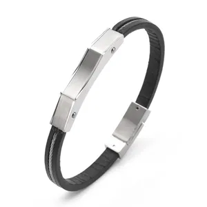 Custom Wholesale Low Moq Male Stainless Steel Italian Jewelry Verified Supplier Simple Fine Design Microfiber Leather Bracelet