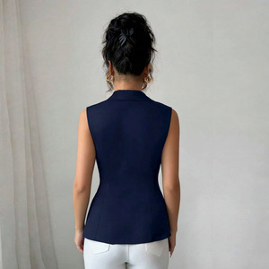 Women Casual Summer Sleeveless V-Neck Blouse Solid Color Lapel Button Front Polyester Business Wear Office Style Skinny <b>Tops</b> - Product Image 6