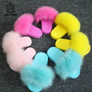 High Quality Fluffy Fashion Slippers Natural Fox Fur Cute Slides Soft Flat Furry Children's Sandals