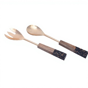 Ensemble de saladiers design avec manche en terrazzo, cuillère et fourchette à salade en acier inoxydable, couverts métalliques décoratifs pour la cuisine - Product Image 1