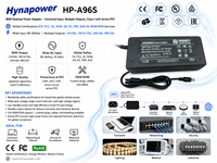 Adaptateur secteur de bureau OEM/ODM 96W, entrée 90-264Vac, sortie 12/19/24/48Vdc, PFC actif 0.99, classe I CE pour ordinateur portable Hynapower HP-A96S