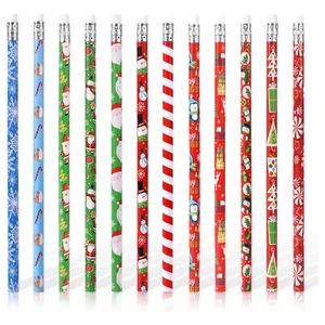 Fornitori promozione regali economici animazione verde rosso natale simpatiche matite rotonde in legno set gomma da cancellare per bambini