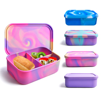 Boîtes à lunch bento pliables pour enfants, 3 compartiments, en silicone tie-dye, résistantes aux micro-ondes, avec couvercle en plastique rétractable anti-fuite, capacité 1200 ml
