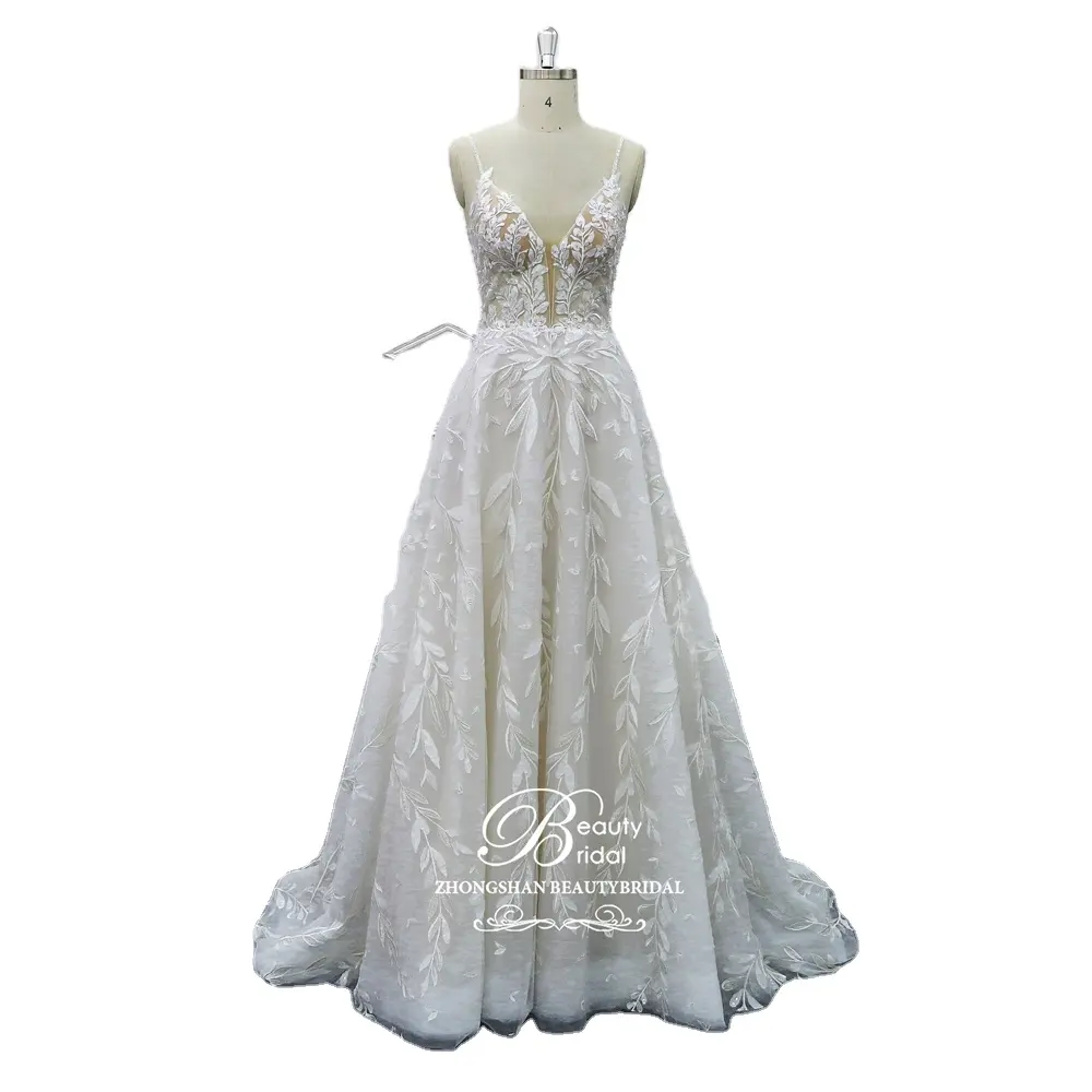 Wholesale Lace Tulle Spaghetti Strap A Line Wedding Dress For Women 2022 Bride