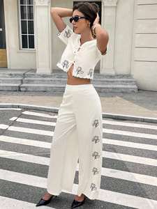 Nouvel ensemble deux pièces décontracté pour femme, tissé, uni, avec haut à col rond et broderie ajourée - Product Image 5