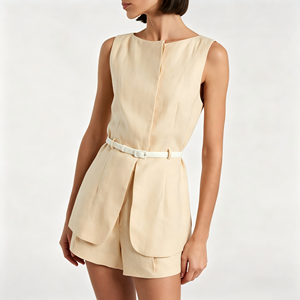 Custom High Quality <b>Linen</b> Clothing Casual Crew Neck Women Tops Shorts Sleeveless Two-Piece <b>Set</b> Hoodie Casual Suit Office <b>Sets</b> - Product Image 2