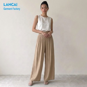 <span class=keywords><strong>Pantalon</strong></span> Palazzo Plissé Taille Haute Ample et Fluide pour <span class=keywords><strong>Femme</strong></span>, Respirant, Idéal Été, Fabrication OEM Personnalisée - Product Image 1