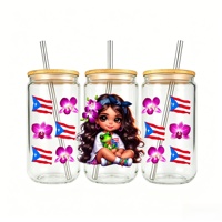 Autocollant de transfert UV DTF personnalisé pour gobelet, motif dessin animé fille, drapeau de Porto Rico, imprimé floral, étanche, pour ornement de verre et de tumbler