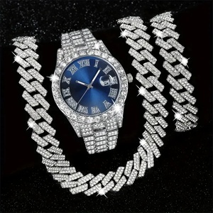 Factory Wholesale Men Hip Hop Full Iced Out Watch & Bracelet & Necklace Set Jewelry