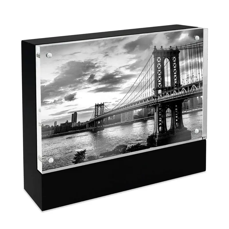 4x 6 Black Wood Block Acrylic Picture Frame, Magnetic Photo Frame