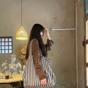 Bolsos de playa de lona de algodón personalizados para mujer, bolso de hombro con rayas azules de mujer de 22 pulgadas, bolsos de compras informales para viajes - Product Image 3