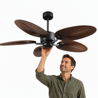 Ventilateur de plafond moderne en métal à LED avec moteur DC, design ovale américain, décorations haut de gamme - Électrique, motif feuille de lotus foncé, cinq pales