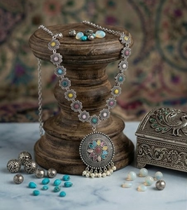 DIVYORO Multi Color Floral Medallion Oxidized Long Classic Wedding Elegant Designer <b>Statement</b> <b>Necklace</b> and Earrings Set - Product Image 2