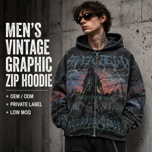 Sudadera con capucha de algodón grueso para hombre, con cremallera, estilo vintage desgastado, estampado de Grim Reaper, ropa urbana, logotipo personalizado, venta al por mayor, talla grande, forrada - Product Image 2