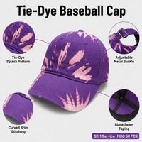 Casquette de baseball tie-dye violette délavée, réglable, unisexe, six panneaux, style streetwear décontracté, été, OEM, vente en gros