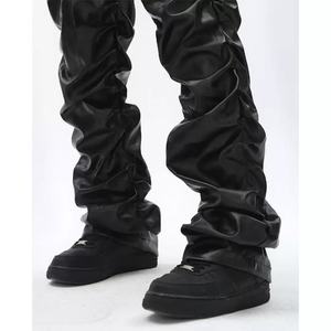 Wholesale Custom Black <b>Leather</b> Motorcycle Pants <b>for</b> <b>Men</b> High Street Style Slim Fit Pleated Bottom <b>Men's</b> <b>Trousers</b> - Product Image 4
