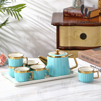Ensemble de six tasses et théière en céramique colorée avec plateau de service pour coffret cadeau, boîtes de couleur pour cadeau de mariage