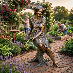Statue <span class=keywords><strong>de</strong></span> <span class=keywords><strong>dame</strong></span> assise en bronze antique tenant un livre ouvert sur un socle en arbre, statue en bronze - Product Image 4