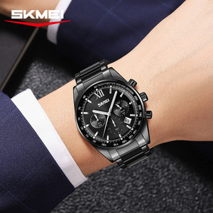 Montre à quartz chronographe SKMEI pour homme, entièrement noire, montre-bracelet sportive en acier inoxydable noir, cadran tachymètre avec date - Product Image 3